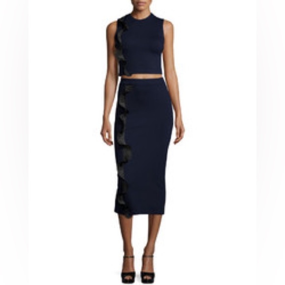 Opening Ceremony Stretch Ruffle Trim Cropped Top & Midi Skirt, Ink - Picture 1 of 6